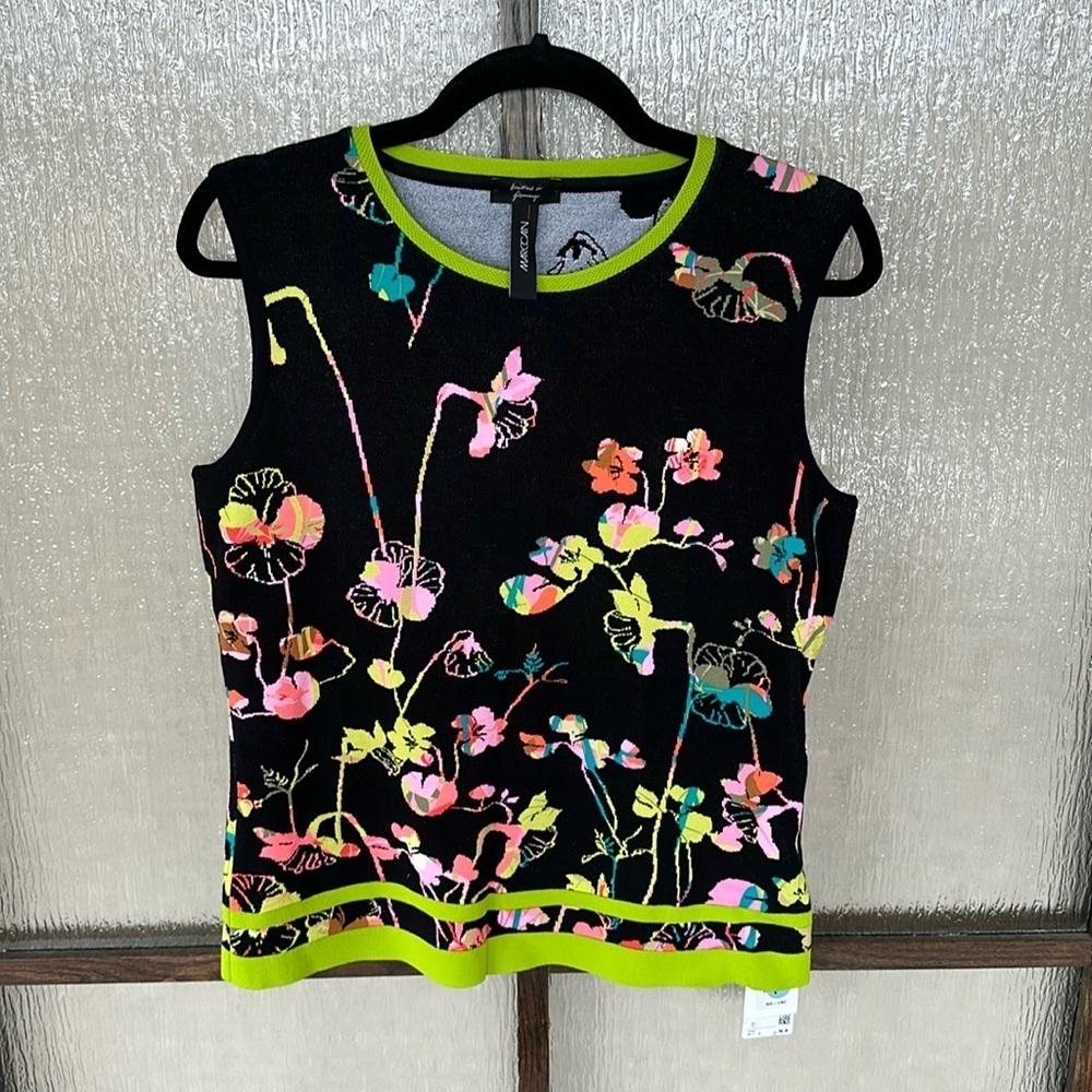Marc Cain black finely knit floral sleeveless sweater size 4 NEW $500